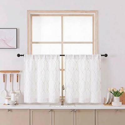 Chyhomenyc Short Kitchen Curtains Tiers 24 Inch Length, 2 Packs | Light Filtering Faux Linen Half Window Cafe Curtains for Bathroom Laundry, Each 26Wx24L, White with Beige 3D Wave Line