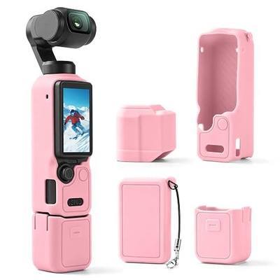 Silicone Protective Case for DJI Osmo Pocket 4, 4-in-1 Modular Cover Set with Lens & Screen Tempered Glass, Soft Anti-Scratch Material, Includes Anti-Loss Wrist Strap – Accessories (Pink)