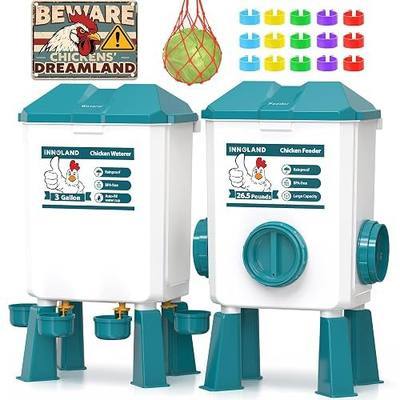 Chicken Feeder and Waterer Set - 3 Gallon/26.5 Pounds, Automatic Chicken Waterer with 4 Cups & 3 Feeder Ports, No Waste Poultry Feeders & Waterers, Chicken Coop Accessories for Hens/Ducks/Poultry