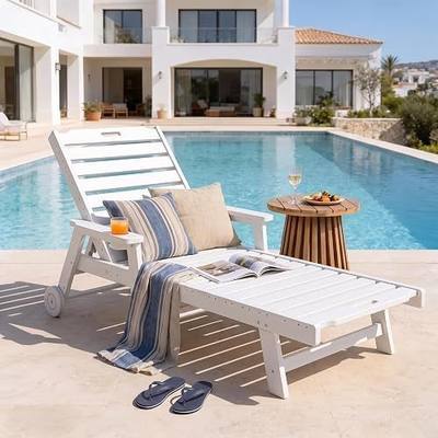 Garvee Lounge Chair Outdoor with Wheels & 5-Position Adjustable Backrest, Oversized Chaise Lounge with 2 Move Handle, HDPE Outdoor Lounge Chair w/Detachable Cup Holder, for Patio, Pool,White