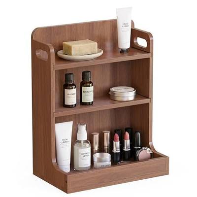 3 Tier Solid Wood Bathroom Counter Organizer Countertop Vanity Shelf | Natural Solid Wood, Countertop Vanity Organizer, Carry Handles & Full Back Panel, For Cosmetics Toiletries Kitchen Bedroom