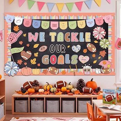 AmazingSpark 108 Pcs Fall Football Bulletin Board Decorations Set, We Tackle Our Goals Back to School Pastel Classroom Decor with Pumpkins, Leaves, Pom Poms, School Door Wall Decor, Adhesive Dots