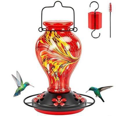 Hand Blown Glass Hummingbird Feeder for Outdoors, 23 Oz Red Humming Bird Feeder with Ant Moat, 5 Bee-Resistant Ports, 360° Perch, Thick Leak-Proof Metal Base, Garden Décor Gifts for Women