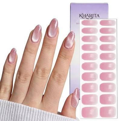 Semi Cured Gel Nail Strips Hema-Free Cat Eye Ombre Pink | Real Gel Nail Polish UV Wraps for Brittle Nails | Long Lasting Easy Peel-Off Removal 20-Piece Salon Kit with File & Stick