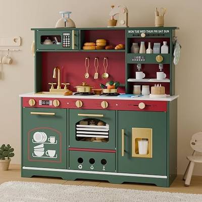 Play Kitchen Set, Kids Kitchen Playset with 21 Fun Accessories, Toy Kitchen with Realistic Appliances, Smart Storage, Wooden Play Kitchen for Kids, Gift for Ages 3+ (Green)