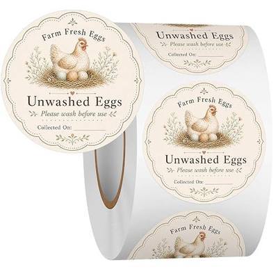 Louise Maelys 2 Inch Farm Fresh Eggs Stickers, 500Pcs Eggs Labels | Writable,Egg Carton Labels Roll, Unwashed Eggs Stickers, Collected On Date Line, Small Farm Egg Packaging,Farm Stand Supplies