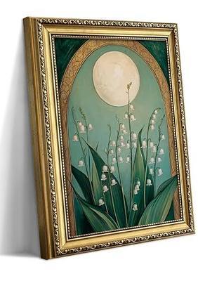 Gold Framed Vintage Lily of the Valley Wall Art, Art Nouveau Botanical Moon Canvas Wall Decor Painting, Floral Nature Artwork Prints Pictures for Living Room Bedroom 12x16 Inch