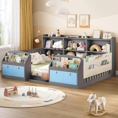 AOGLLATI Full Size Floor Wooden Montessori Bed Frame for Kids Boys Girls with 4 Fabric Drawers, Both Sides Bookshelves, 2-Tier Side Shelf, Side Pockets and Rails, Without Slats, Grey