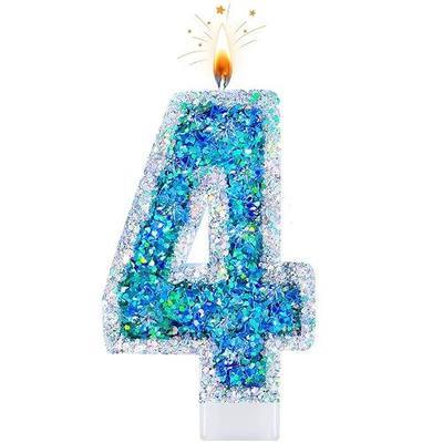 Blue Glitter Number 4 Candle for Cake, Silver Trim Decorative Number Candle for Cake Decoration, Dessert Displays and Anniversary Celebrations