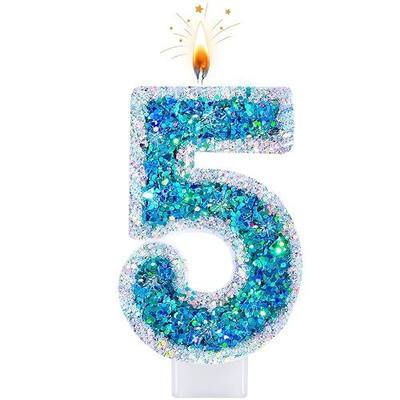 Blue Glitter Number 5 Candle for Cake, Silver Trim Decorative Number Candle for Cake Decoration, Dessert Displays and Anniversary Celebrations