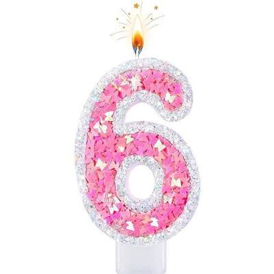 Pink Butterfly Number 6 Candle for Cake, Silver Trim Decorative Number Candle for Cake Decoration, Dessert Displays and Anniversary Celebrations