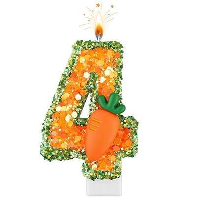 Glitter Number Candles 4 with Bunny Carrot Decoration, Forest Animal Cake Topper for Birthday Cake, Orange Green Numeric Candle for Celebrations