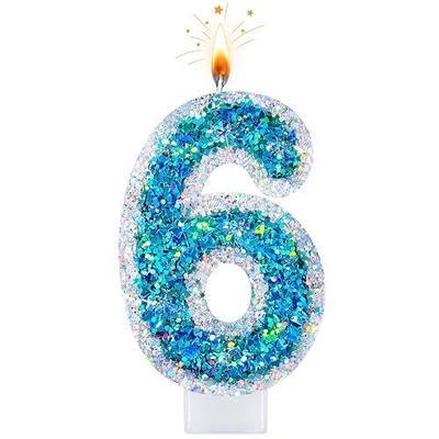 Blue Glitter Number 6 Candle for Cake, Silver Trim Decorative Number Candle for Cake Decoration, Dessert Displays and Anniversary Celebrations