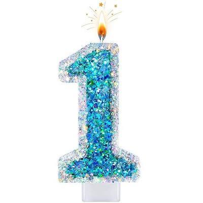 Blue Glitter Number 1 Candle for Cake, Silver Trim Decorative Number Candle for Cake Decoration, Dessert Displays and Anniversary Celebrations