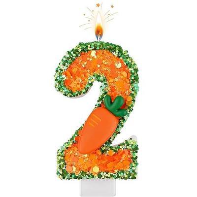 Glitter Number Candles 2 with Bunny Carrot Decoration, Forest Animal Cake Topper for Birthday Cake, Orange Green Numeric Candle for Celebrations