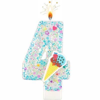 Blue Glitter Number Candle 4 with Ice Cream Decor, Cake Candle Topper for Birthday Cake Decorations, Colorful Numeric Candle for Celebrations