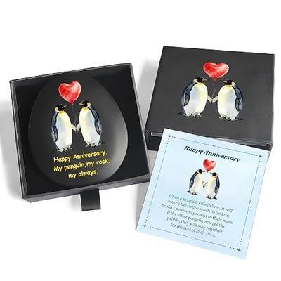 Happy Anniversary Penguin Pebble Gift for Husband Wife Couples, Wedding for Men Women, Unique Romantic Keepsake with Happy Anniversary Card for Boyfriend Girlfriend