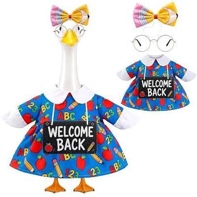 Porch Goose Back to School Outfit for 23 Inch Goose Statue, Teacher Style Classroom Goose Clothes with Pencil Bow, Round Glasses and Welcome Back Sign, Classroom Door Decor for Teachers
