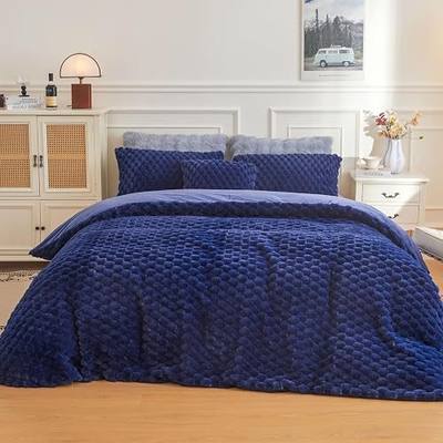 XeGe 2 PCS Luxury Bubble Faux Rabbit Fur Duvet Cover Set Twin XL, Navy Blue | 8 Corner Ties, Hidden Zipper, No-Shed, Hypoallergenic, Machine Washable, 1 Furry Quilt Cover 68"x90" + 1 Plush Pillowcase