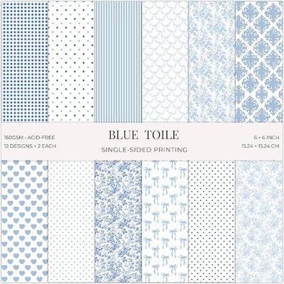 24 Sheets Blue Toile Scrapbook Paper Pad, 6x6 inch Heavyweight 160GSM Cardstock, Single-Sided Blue Floral, Bow, Heart Patterned Smooth Matte Paper for Card Making, Wedding DIY & Journaling