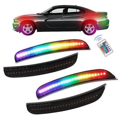 RGB LED Side Marker Lights for 2015-2023 Dodge Charger, 16 Color 4 Modes Front & Rear Fender Bumper Marker Lights, Replace OEM RGB Side Turn Signal Lamps with 24-Key Remote, 4 PCS, Smoked Lens