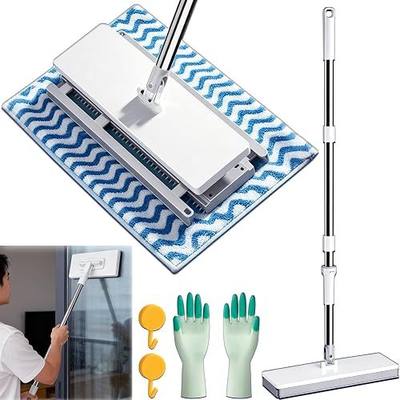 Hands -Free Flat Mop, Upgraded Shark Tooth Strong Clamping Mops, One-Click Self-Gripping Lazy Wiper, for Towels & Old Rags, Wet Dry Dust Wiper for Floors, Tile, Baseboards & Corners(1*mop+5*Cloth)