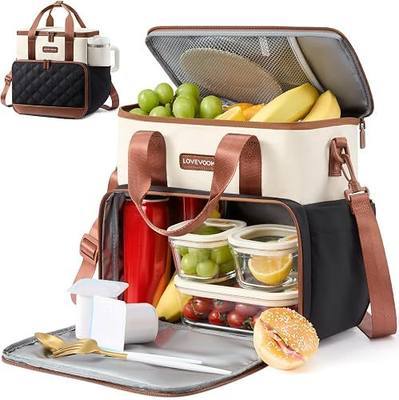 LOVEVOOK Insulated Lunch Bag for Women Men, Double Deck Large Lunch Box, Leakproof Cooler Bag with Cup Holder & Adjustable Strap,15L Quilted Reusable Lunch Tote for Work,Teacher,Nurse,Picnic,Beach