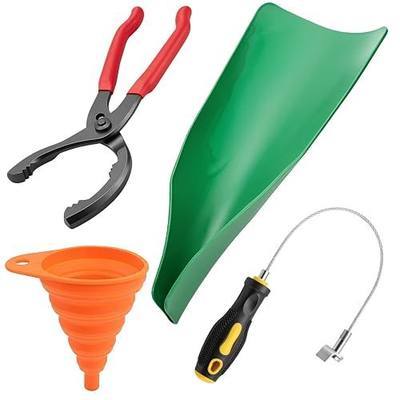 12" Oil Filter Plier Kit with Magnetic Drain Plug Tool & 2 Funnels | Foldable and reusable
