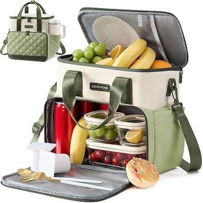 LOVEVOOK Insulated Lunch Bag for Women Men, Double Deck Large Lunch Box, Leakproof Cooler Bag with Cup Holder & Adjustable Strap,15L Quilted Reusable Lunch Tote for Work,Teacher,Nurse,Picnic,Beach