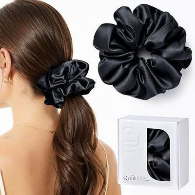 Silk Scrunchie 2 Inch Wide, 30 Momme 6A Mulberry Silk Hair Tie, No Crease Hair Scrunchies for Thick Curly Wavy Hair, Gentle Silk Hair Ties for Women, Gift Ready (Black)