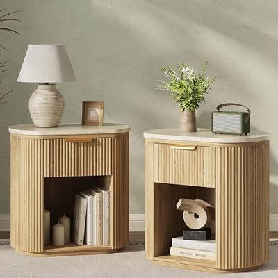 Fluted Marble Nightstand Set of 2 23.6"Large Round Bedside Table Oak,Boho