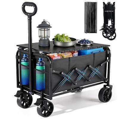 500LBS Collapsible Folding Wagon Carts with Table, 2 Brakes, 2 Cup Holders | 230L Large Foldable , Portable, Heavy Duty, All-Terrain, Swivel Wheels, Camping, Shopping, Garden, Fishing, Sports, Beach