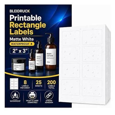 25 Sheets 2" x 3" Printable Matte White Rectangle 8up Waterproof Lalebs | 200 Total Blank Bottle Stickers Permanent Adhesive Labels for Laser or Inkjet Printers