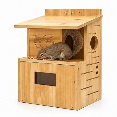 Large Squirrel House for Outside, Fir Wood Squirrel Boxes, Wooden Squirrel Nesting Box with Feeder, Recessed Entry, Acrylic Viewing Window, Drainage Holes for Tree Fence Backyard