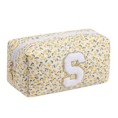 Alphabet Makeup Bag Cosmetic Bag for Women, Gifts for Girls Age 11-18, Personalized Floral Coquette Travel Bag, Trendy Stuff Zipper Make Up Pouch Organizer Bag (Yellow Floral HS)