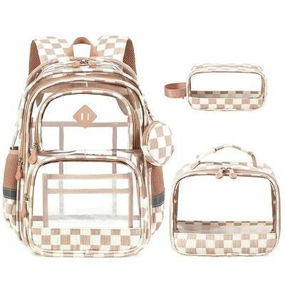 DIGOBAY Clear Corduroy Backpack for Girls with Lunch Bag Pencil Case | 3PCS Kids Girls Backpack Heavy Duty PVC Clear Transparent Bookbag Kindergarten Elementary School, Brown Checkered Pattern