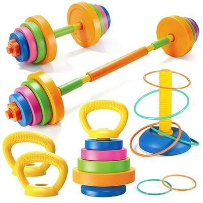 5-in-1 Kids Weight Set-Includes Kettlebell, Barbell, Push-Up, Ring, Adjustable Kids Workout Equipment, Kid Exercise Equipment Toy Toddler Weights Gym Set Bench Workout Gift for Baby Boy Girl