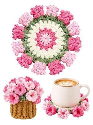Crochet Flower Bouquet Coasters, Cotton Tulip Gifts for Home Decor 1Pc | Pink Flower Blanket Bouquet Decorations for Living Room Desk, Cute Gifts for Retirement Women Teacher Appreciation Graduation
