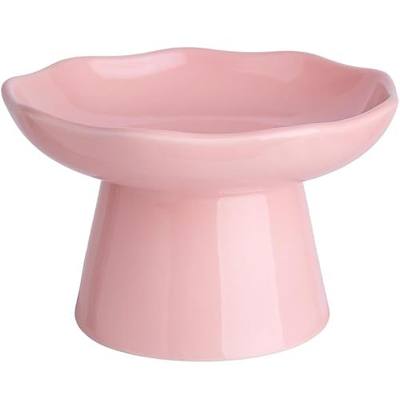 Raised Cat Bowl - Elevated Ceramic Cat Bowls for Indoor Cats, Shallow Cat Food Dish Whisker Friendly, Porcelain Flat Faced Dog Bowl for Small Dogs, Protects Pet Spine, 6", Pink