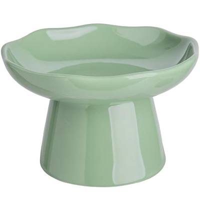 Raised Cat Bowl - Elevated Ceramic Cat Bowls for Indoor Cats, Shallow Cat Food Dish Whisker Friendly, Porcelain Flat Faced Dog Bowl for Small Dogs, Protects Pet Spine, 6", Green