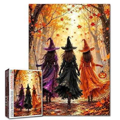 Halloween Witch Puzzle 1000 Pieces for Adults, 3 Women Walking Autumn Forest Jigsaw Puzzle, Colorful Fall Leaves Fantasy Cozy Artwork, Relaxing Family Challenge Activity, Seasonal Home Decor Gift