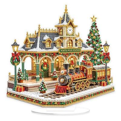 Yunzlly Christmas Diamond Art Painting Tabletop Kits, Desktop Gem Painting Ornament Kit for Adults Railway Station DIY Acrylic Diamond Board Painting Gift Kit