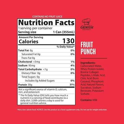 Genius Gourmet Clear Protein Sparkling Water Fruit Punch, 18 Pack | 30g Protein per Can, Zero Sugar, Low Carb, Lactose Free, Non GMO, Ready to Drink Flavored Sparkling Water