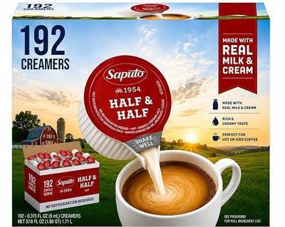 Coffee Creamer Half & Half Singles, 192 Count | No Refrigeration Required | Saputo Bulk Business Pack for Offices, Hospitality & Foodservice