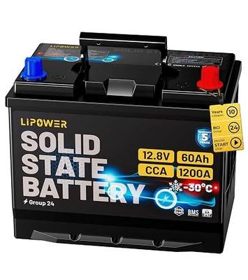 Lipower Group 24 Automotive Battery, 1200A CCA Solid State Start Stop Car Battery, -30°C Cold Start 12V 60Ah 768Wh Solid-State Replacement for 10-Years Lifespan, Group24F Truck, RV & Marine Battery