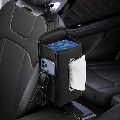 Leather Car Tissue Holder for Front & Back Seats, Car Tissue Box with 2 Side Mesh Pockets, Wide Metal Opening for Easy Pull, Fits 100–160 Count Rectangular Tissue Boxes, Black