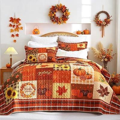 EVENHUG Fall Quilt King Size Thanksgiving Bedding Sets with Pillow Shams Lightweight Floral Pumpkin Bedspread Coverlet Soft Bed Cover for Festival Home Decorations 3 Pieces (104"x90")