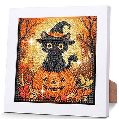 bleihum Halloween Diamond Art Kits for Kids with Frame, Black Cat Diamond Art for Kids Ages 8-12, Pumpkin Gem Painting Gift Home Wall Decor (7x7inch)