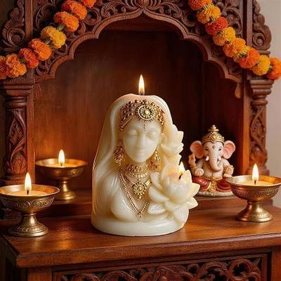 Lotus Goddess Scented Candle,Gold Carved Floral Soy Wax,Religious Decor | White carved Indian deity candle with gold lotus accents. Soy wax,floral scent. Great for meditation,home blessing,puja,altar