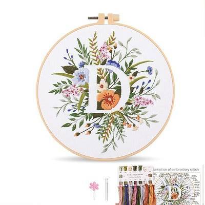 Harimau Letter D Pattern Embroidery Kit for Adult Beginners, Complete Starter Pack with 1 Hoop, Needles, Instruction Guide & Embroidery Stitch Video Tutorials
